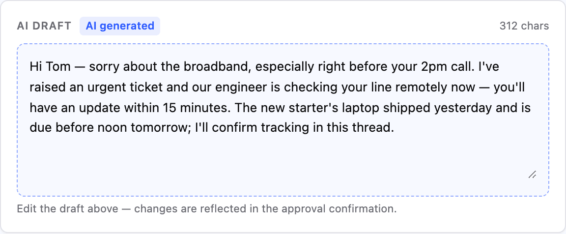 An AI-drafted reply in the Autara composer, labelled AI generated and ready to edit