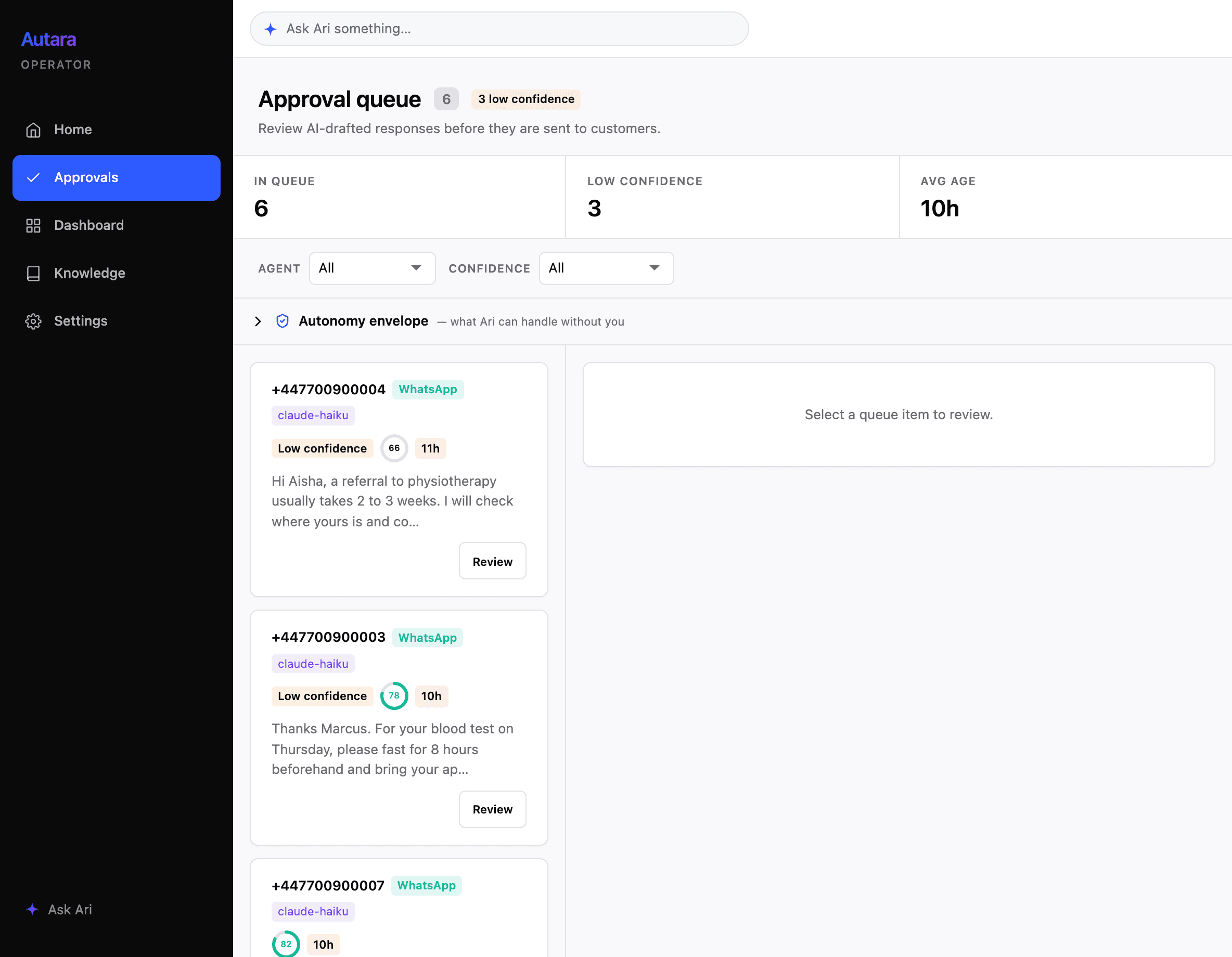 Autara approval queue — drafts held for human approval